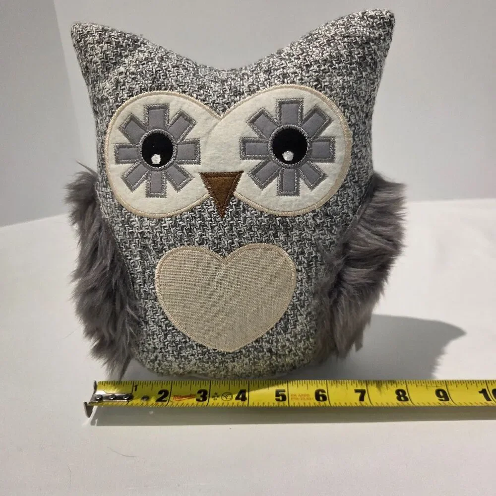 Owl Door Stopper Weighted Stuffed Gray Fluffy Fur Heart NWT